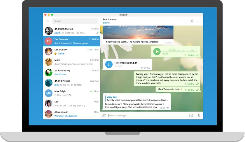 Telegram für Windows herunterladen: Desktop-Oberfläche mit Chatliste und Sprachnachricht